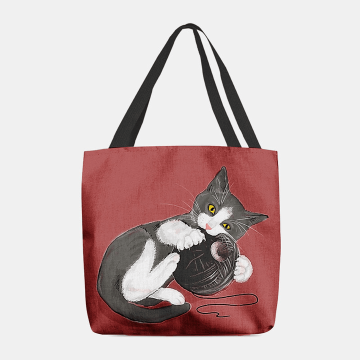 Women Felt Cute Cartoon Cat Playing Wool Ball Printing Pattern Casual Shoulder Bag Handbag Tote - MRSLM