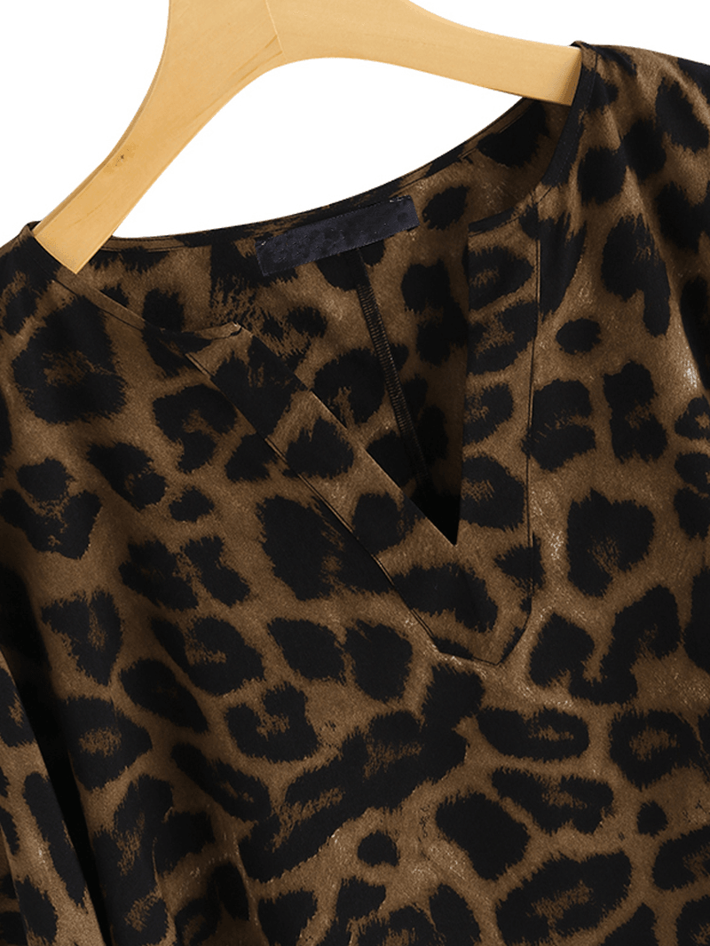 Women Leopard Print Irregular Hem V-Neck Casual Blouse - MRSLM