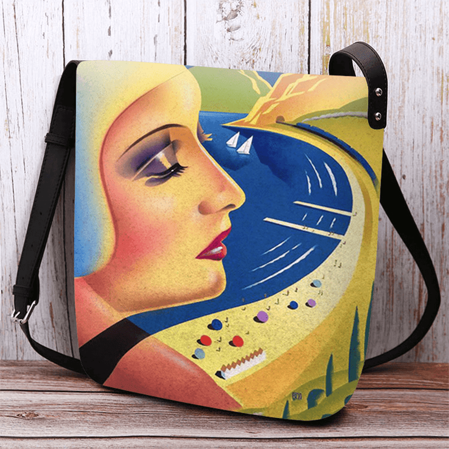Women Felt Art Painting Cartoon Figure Print Personality Crossbody Bag Shoulder Bag - MRSLM