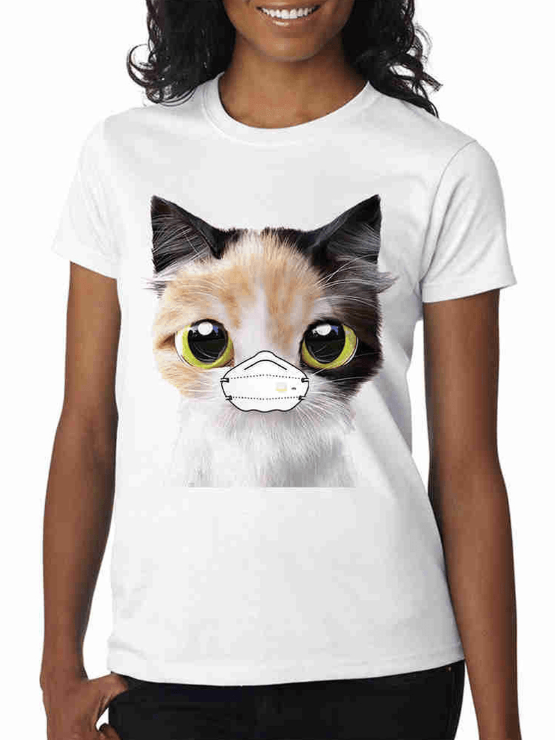 Cute Cartoon Masks Cat Print Summer Short Sleeve Casual T-Shirts - MRSLM