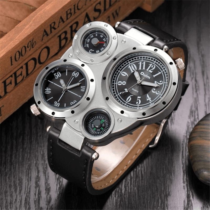 Oulm 3 Colors Leather Alloy Men Vintage Watch Decorated Pointer Two Time Zone Compass Thermometer Quartz Watch - MRSLM