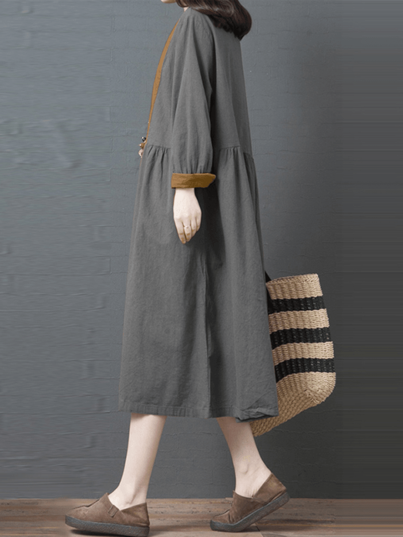 Women Contrast Patchwork Button Front Casual Long Sleeve Maxi Shirt Dresses - MRSLM