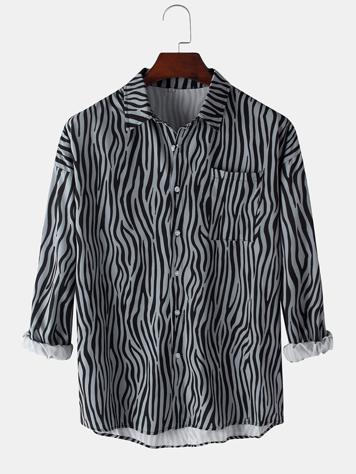 Mens Zebra Printing Cotton Lapel Long Sleeve Curved Hem Regular Fit Shirts with Pocket - MRSLM