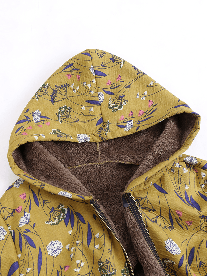Floral Print Hooded Long Sleeve Pockets Vintage Jacket Coats - MRSLM
