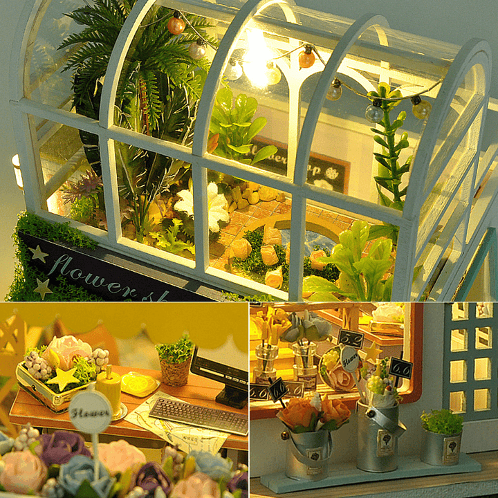 Flower Shop DIY Handmade Assemble Doll House Kit Miniature Furniture Kit with LED Lights for for Gift Collection House Decoration - MRSLM