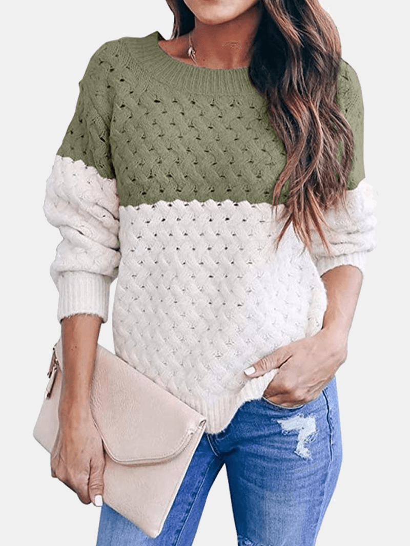 Women Colorblock Knitting Hollow Out Casual Long Sleeve Sweater - MRSLM