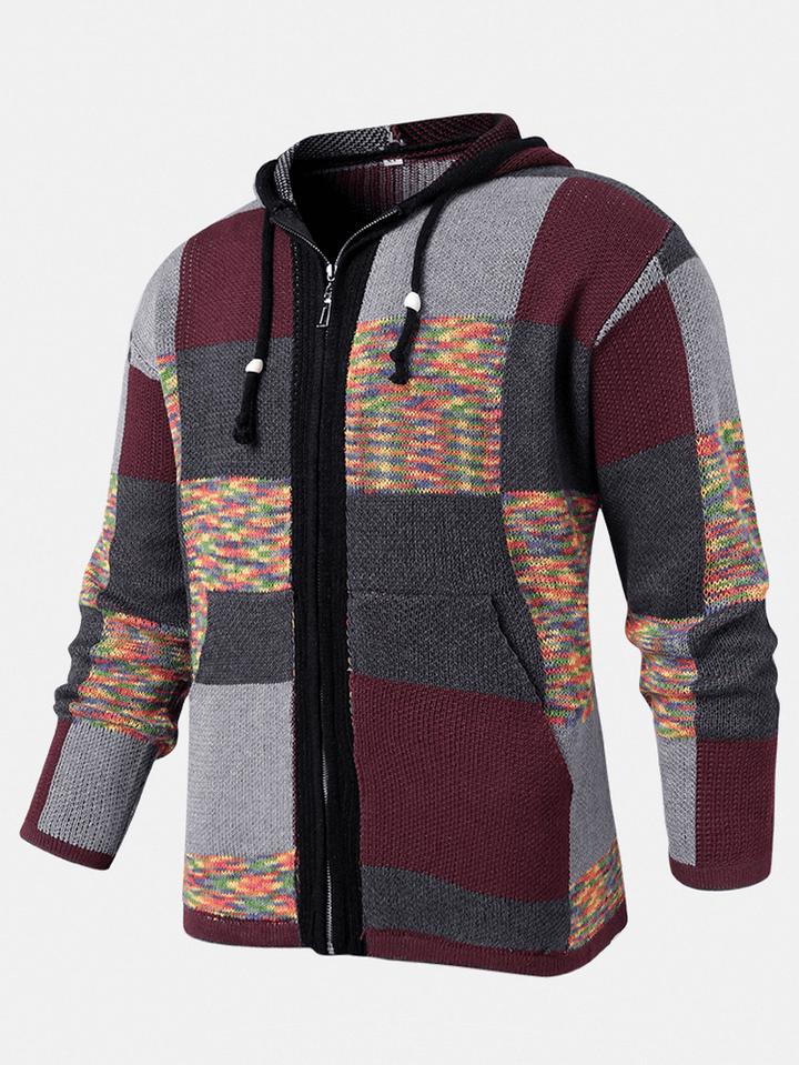 Mens Color Block Knitted Pocket Ethnic Style Sweater Hooded Cardigans - MRSLM
