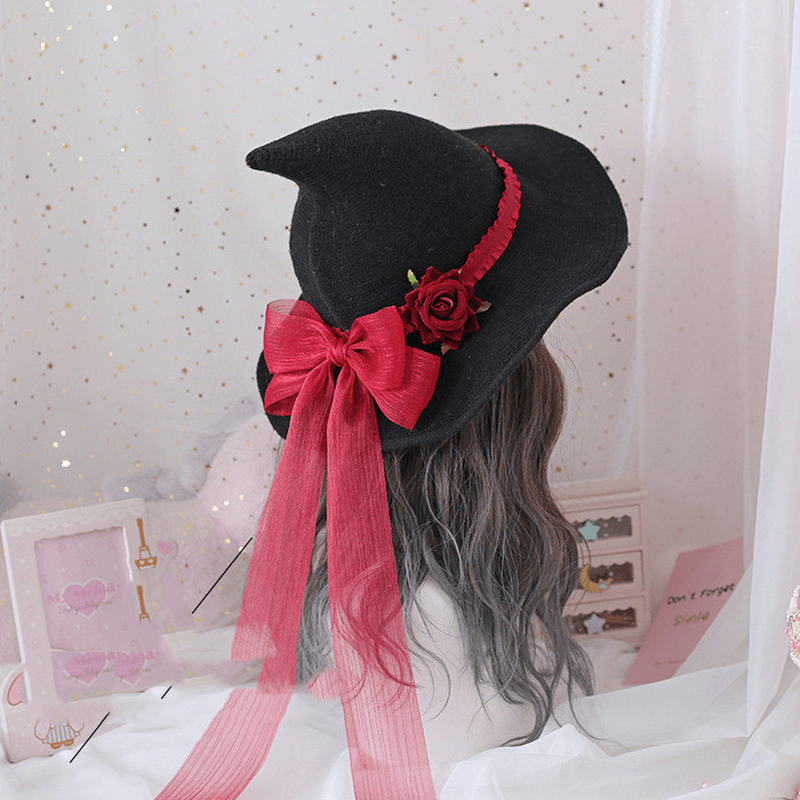 Lolita Halloween Retro Witch Hat Masquerade Rose Big Bow Wizard Hat Gothic Magical Girl Hat Cosplay Accessories Party Decor - MRSLM