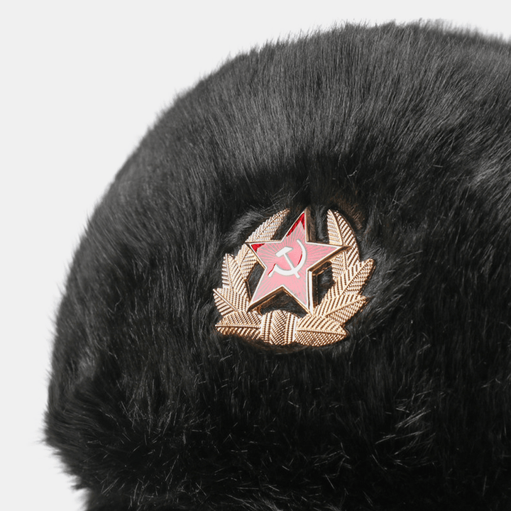 Unisex plus Velvet Soviet Badge Warm Windproof Ear Flaps Protection Outdoor Trapper Hat Ushanka Hat - MRSLM
