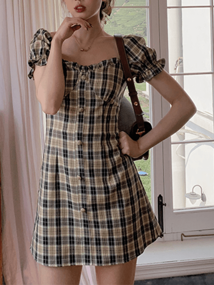 Puff Sleeve Ruffles Square Neck Summer Holiday Mini Dress for Women - MRSLM