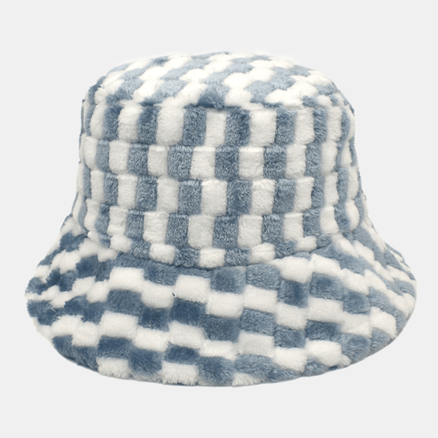 Unisex Lattice Jacquard Plush Warmth Bucket Hat Outdoor Casual Thicken Cool Protection Faux Rabbit Fur Hat - MRSLM