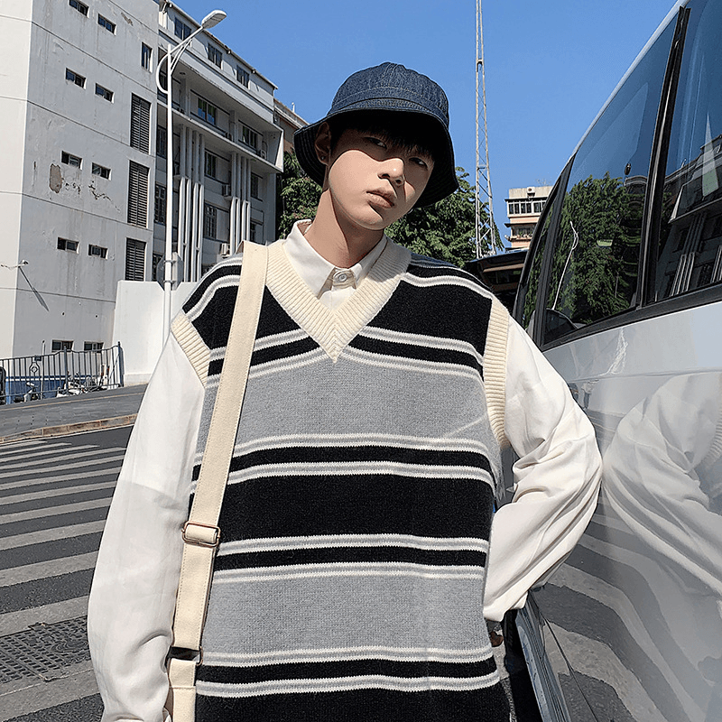 Men'S Korean Loose Striped V-Neck Sweater - MRSLM