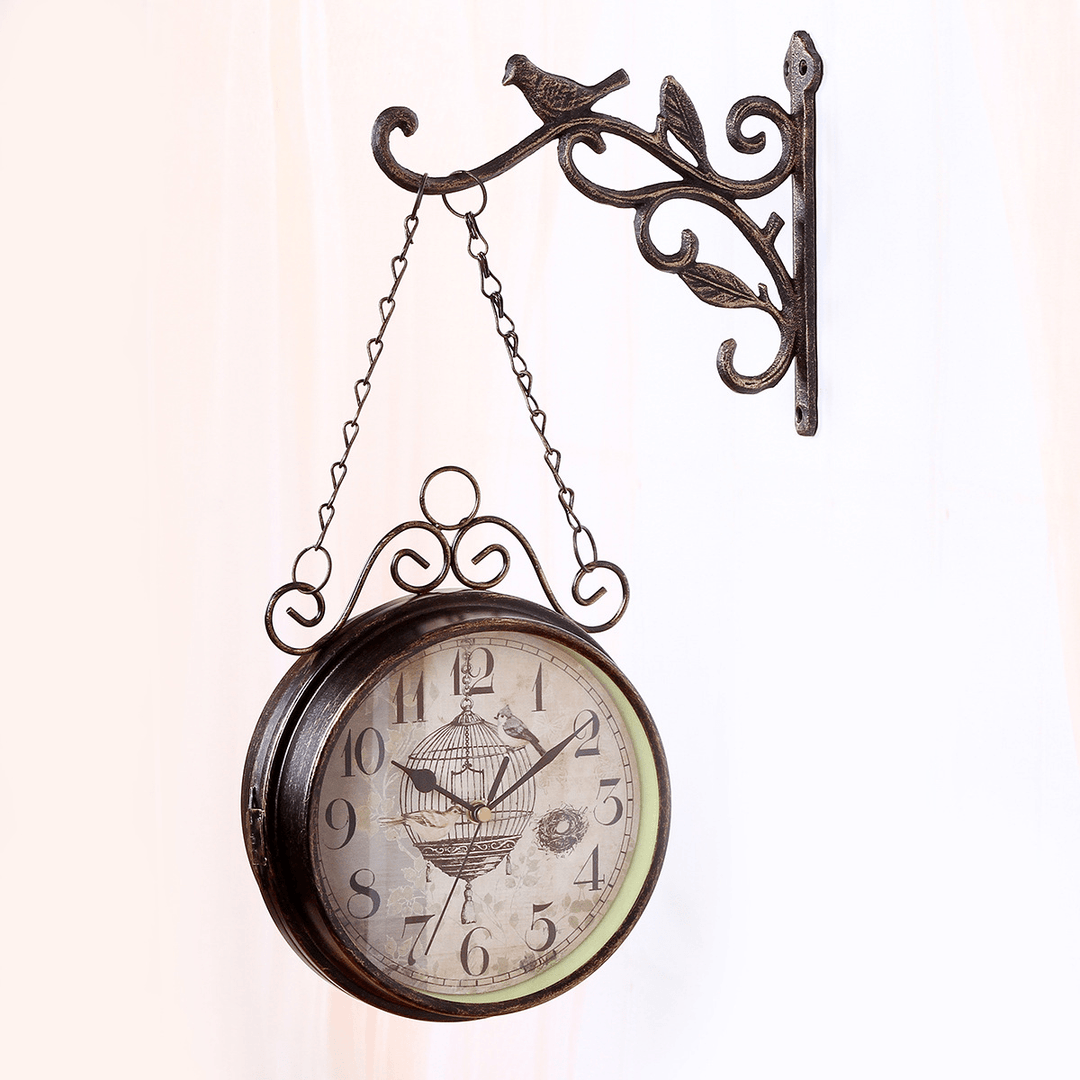 Double Sided round Wall Mount Hanging Station Silent Clock Chic Vintage Retro Decorations - MRSLM