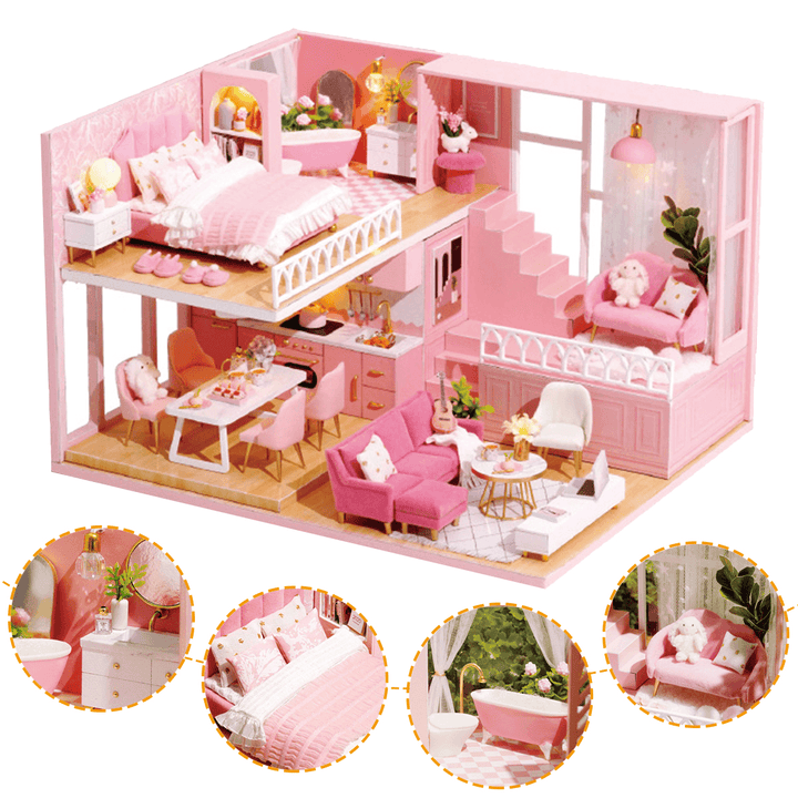 1:24 Wooden 3D DIY Handmade Assemble Miniature Doll House Kit Toy with Furniture for Kids Gift Collection - MRSLM