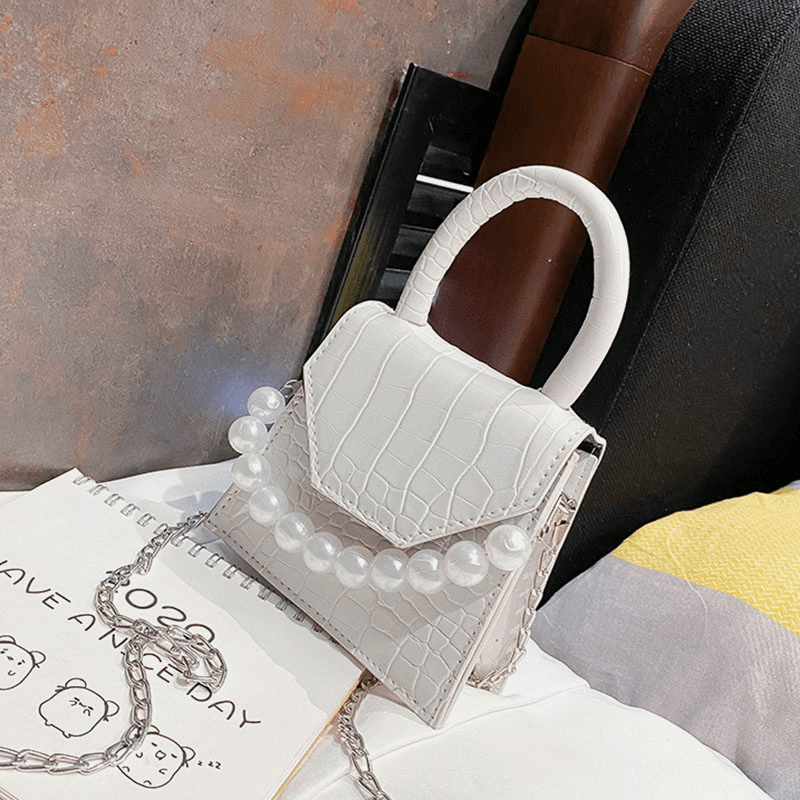Women Pearls Chain Decor Flap Embossed Snake Pattern Mini Handbag Crossbody Bag Shoulder Bag - MRSLM