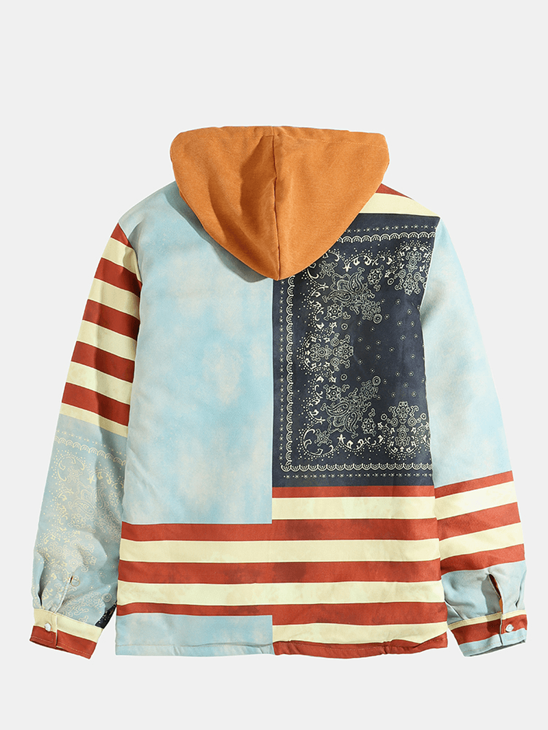 Mens Ethnic Style Print Stripe Vintage Hooded Shirt Jacket - MRSLM