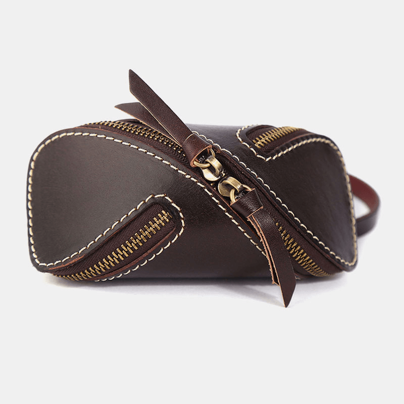 Men Genuine Leather Solid Color Oval Zipper Retro Key Case Card Case Clutch Bags - MRSLM