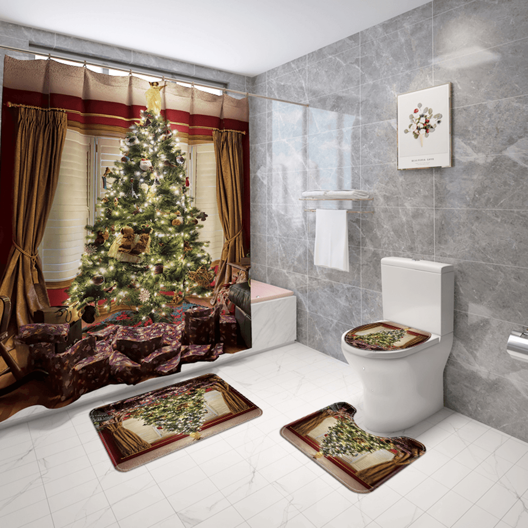 Merry Christmas Tree Shower Curtain Bath Pad Pedestal Rug Lid Toilet Cover Mat for Bathroom 2020 Christmas Decoration - MRSLM