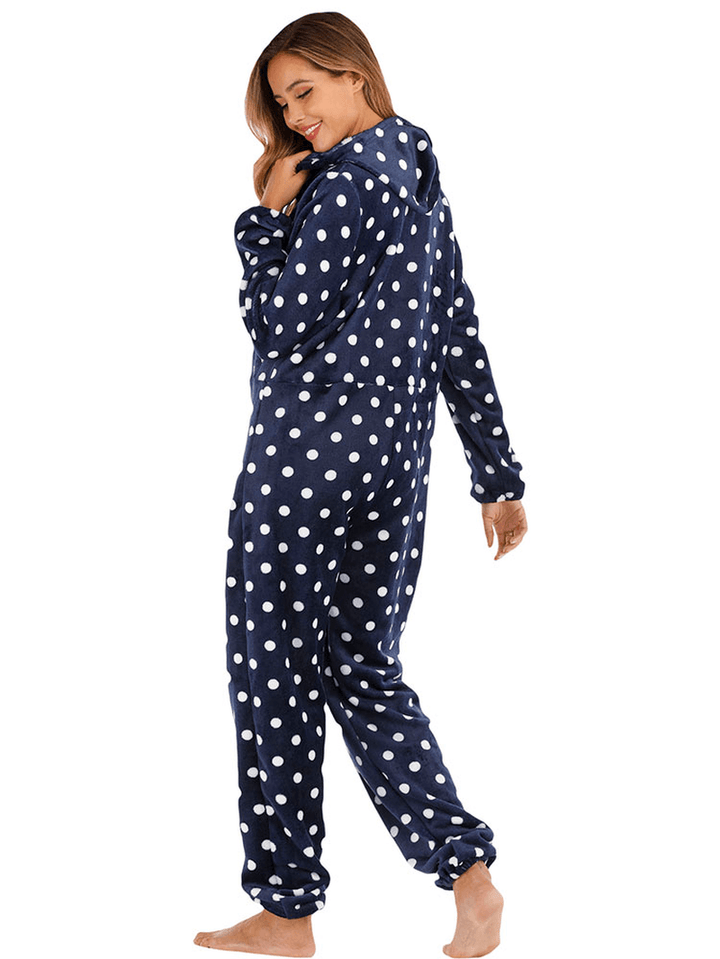 Navy Polka Dot Front Zip Hoodie Jumpsuit Casual Pajama Set - MRSLM