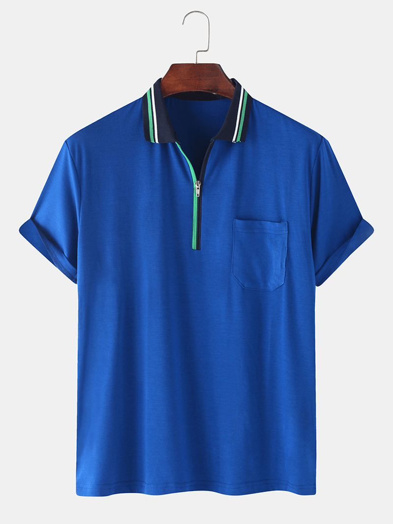 Mens Front Zip Chest Pocket Short Sleeve Lesure Sport Golf Shirts - MRSLM