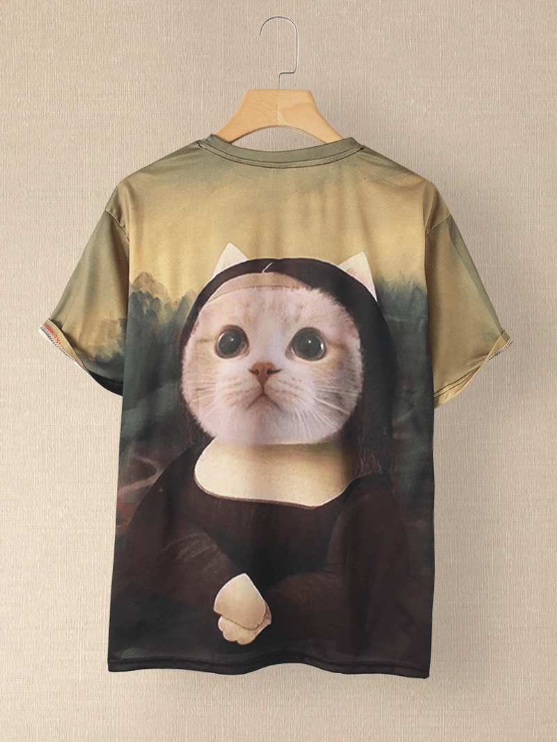 Women Funny Cat Print round Neck Short Sleeve T-Shirts - MRSLM