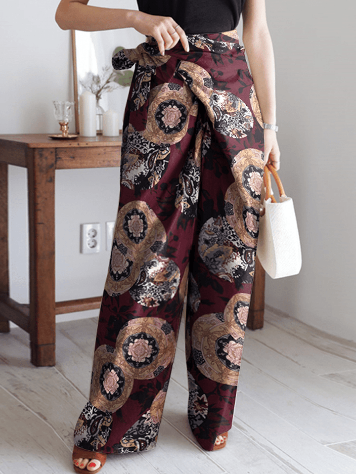 Women Ethnic Style Print Asymmetric Tie Waist Casual Wide Leg Pants - MRSLM