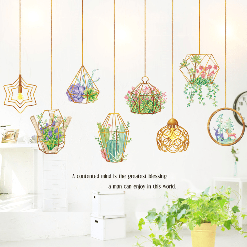 Creative DIY Plant Leaves Removable Wall Stickers Hanging Basket Flower for Bedroom Kitchen Kids Room Adhesive Sticker Decorations - MRSLM