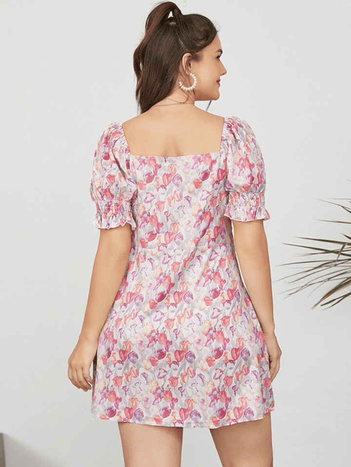 Puff Sleeve Printing Leisure Summer Holiday Dress for Women - MRSLM