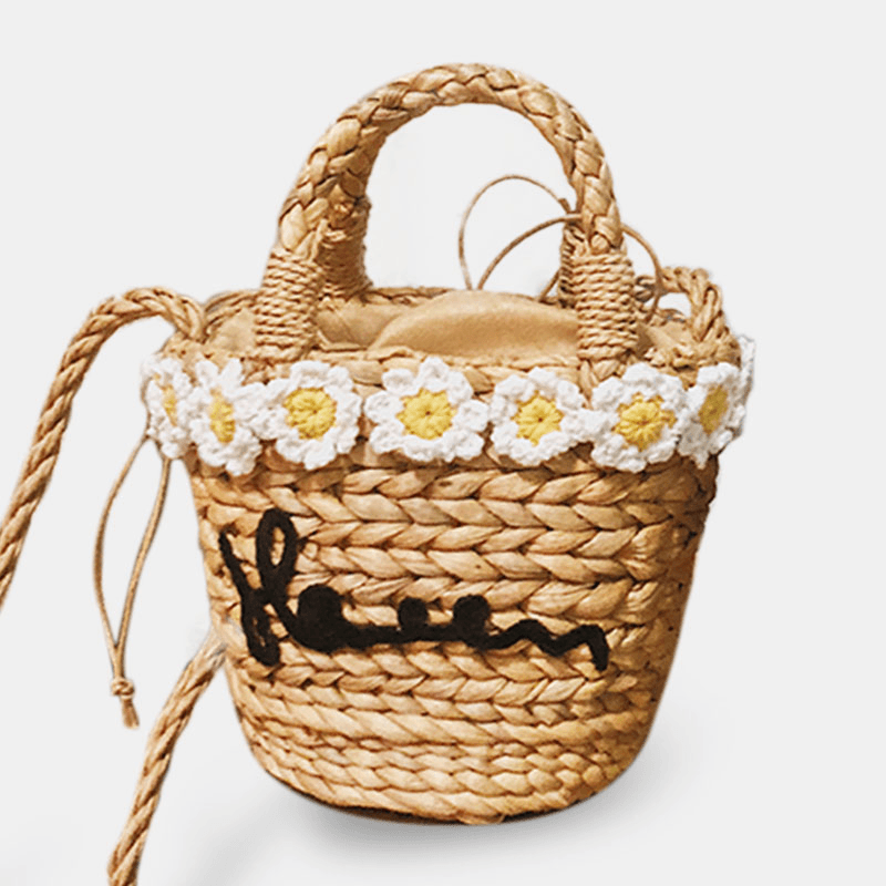 Women Travel Daisy Beach Weave Straw Crossbody Bag Bucket Bag - MRSLM