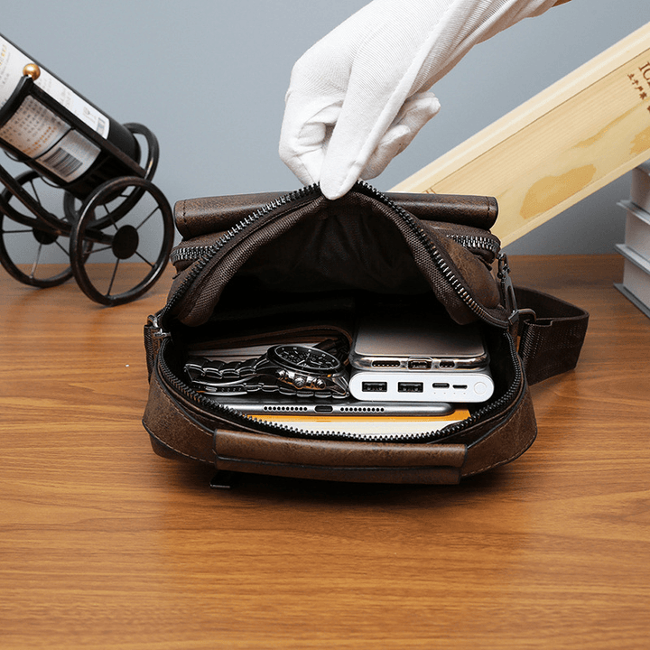 Men Texture Zipper Decor Crossbody Bag PU Leather Vintage Multi-Pocket Shoulder Bag Handbag - MRSLM