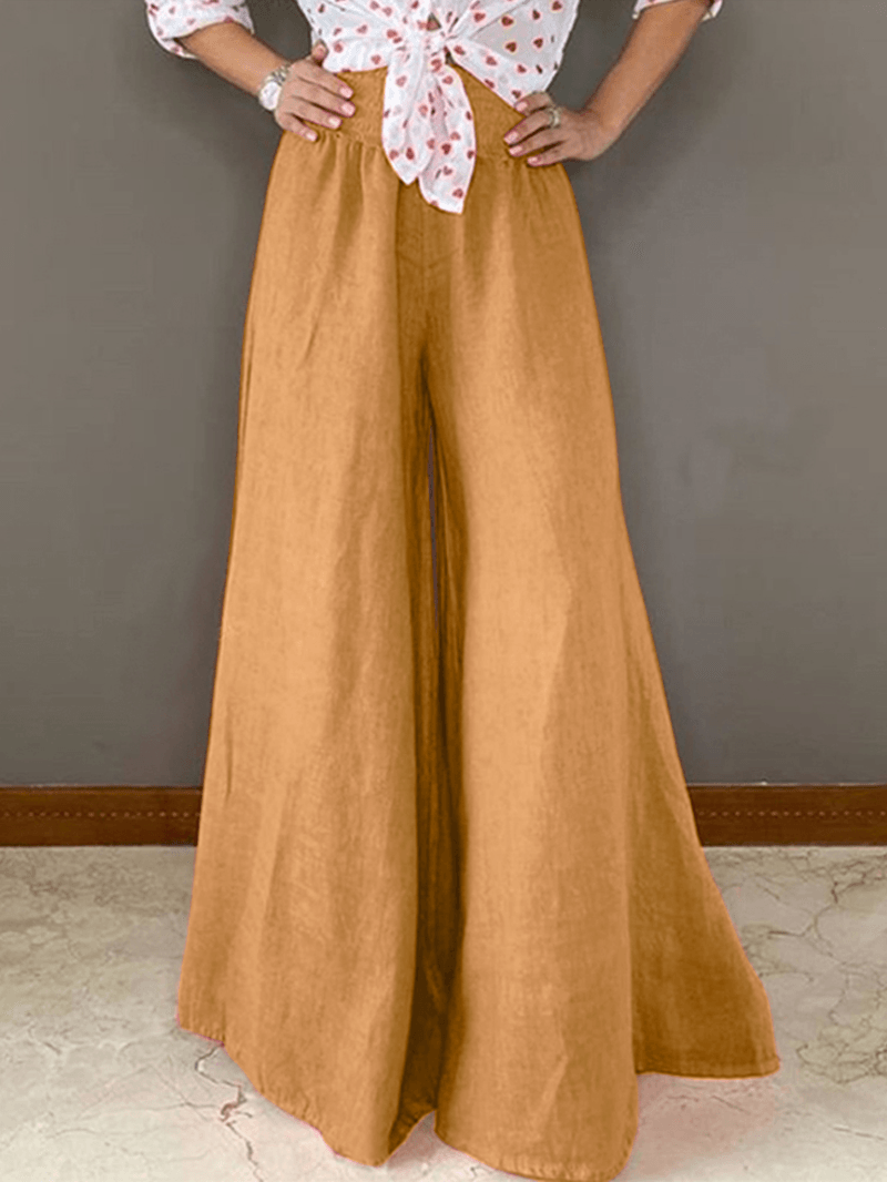 Women Solid Color High Elastic Waist Wide Leg Cotton Casual Pants with Pocket - MRSLM
