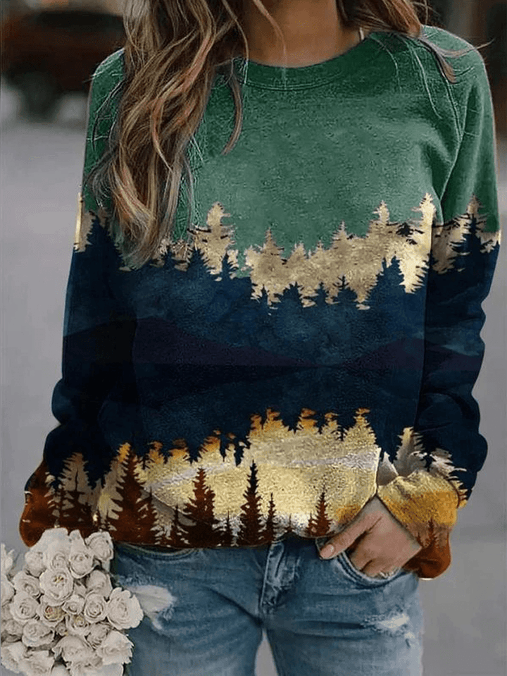 Women Landscape Print round Neck Pullover Casual Raglan Sleeve Sweatshirts - MRSLM