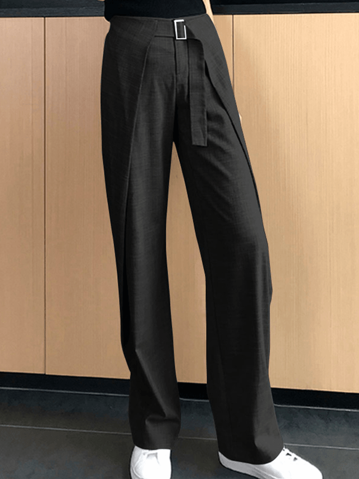 Women Solid Business Zipper Fly High Waist Wide Leg Pants with Buckle - MRSLM