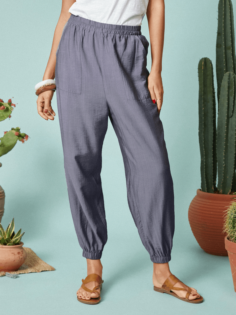 Solid Color Elastic Waist Pocket Casual Pants for Women - MRSLM
