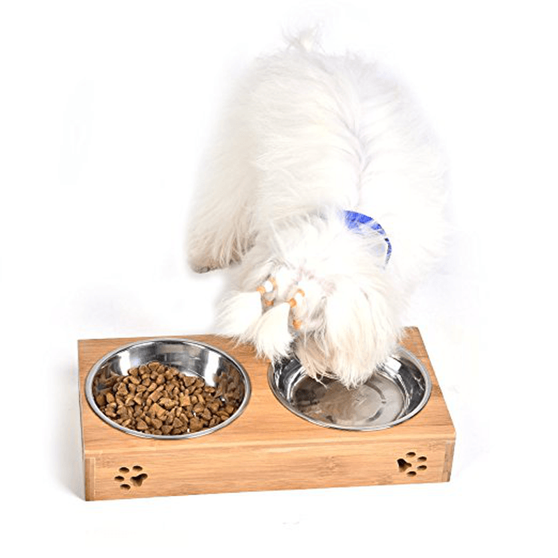 Double Pet Dog Bowl Stainless Steel Pet Bowl Bamboo Bottom Food Water Dual-Use Pet Bowl - MRSLM