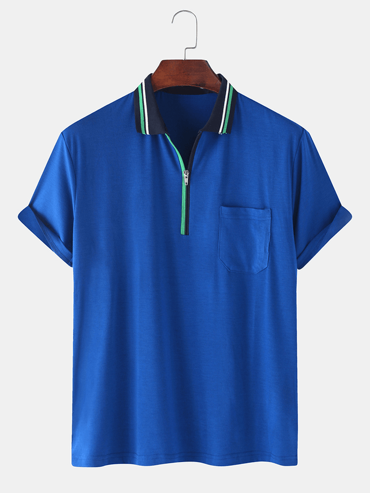 Mens Front Zip Chest Pocket Short Sleeve Lesure Sport Golf Shirts - MRSLM