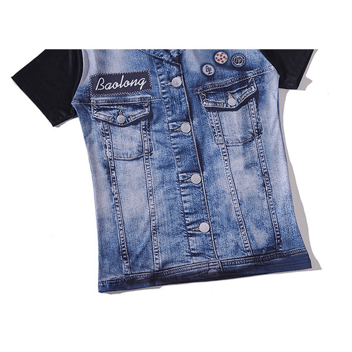 Mens Fashion Creative 3D Denim Jacket Printed T-Shirts Casual O-Neck Short Sleeve Tops Tees - MRSLM