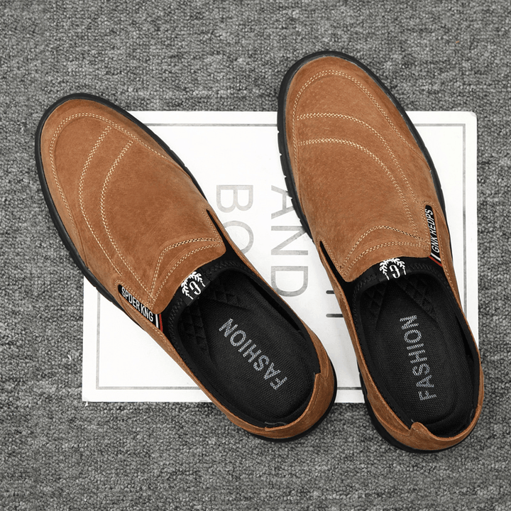 Men Comfy Pigskin Leather Stitching Non-Slip round Toe Lazy Slip-On Loafers Shoes - MRSLM
