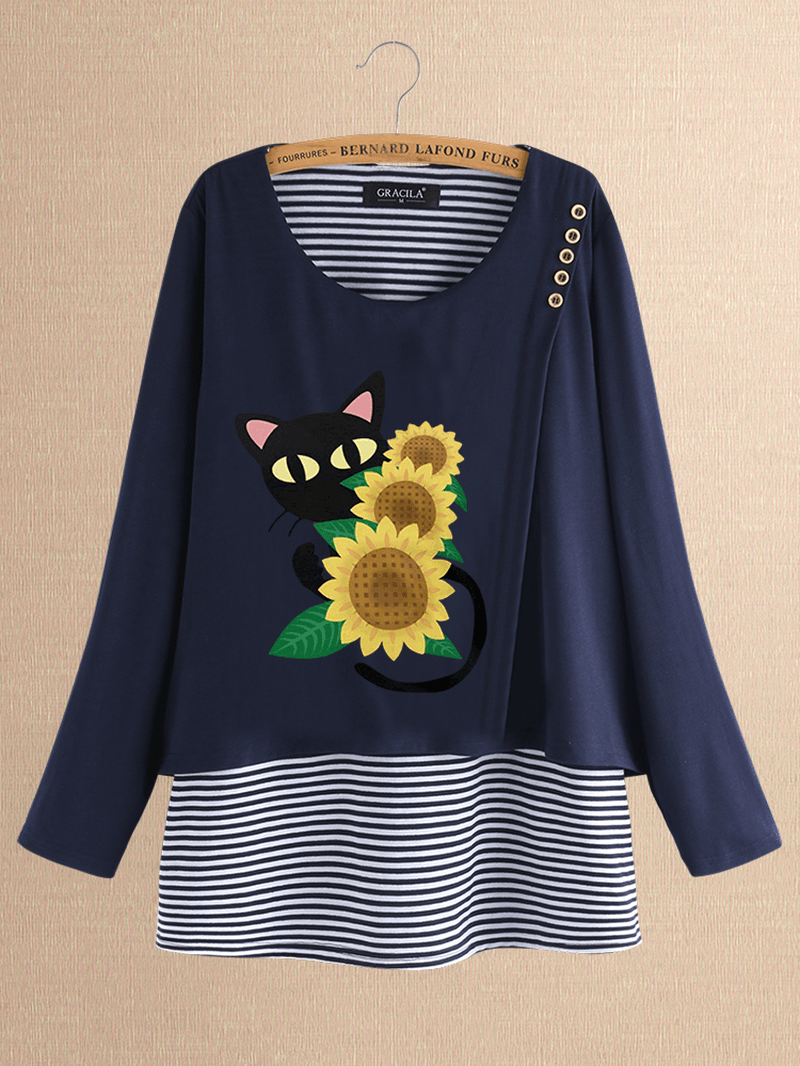 Casual Print Cats Flower Patch Striped Blouse - MRSLM