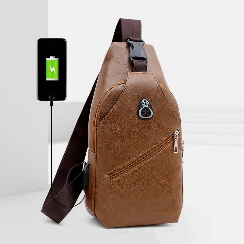 Men Faux Leather USB Charging Earphone Travel Retro Business Chest Bag Crossbody Bag - MRSLM