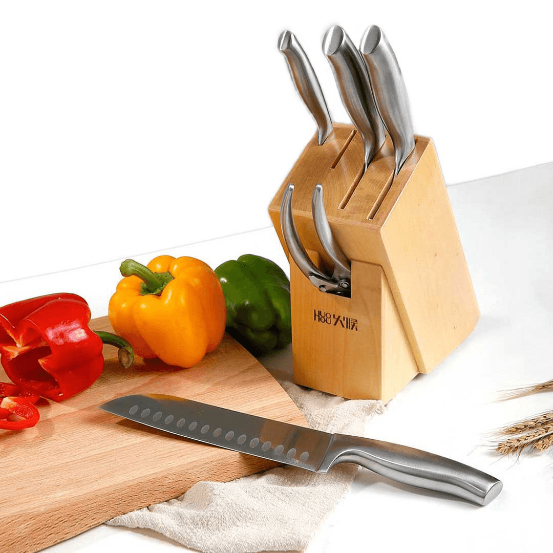 Huohou 6 Pcs Steel Kitchen Knife Set Long-Lasting Sharp Chopper Scissor Slicer Fruit Knife Bone Slicing All-Purpose Chef Knife Set Holder - MRSLM