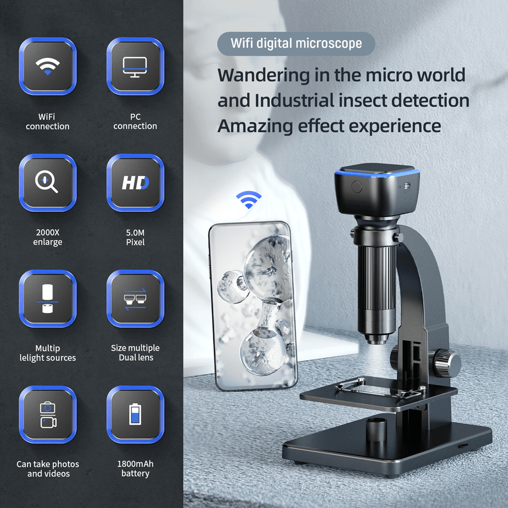 MUSTOOL MT315W HD 2000X WIFI Digital Microscope Dual Lens USB Microbiological Observation Industrial Microscopes Profession Welding Video Magnifier for Android IOS PC - MRSLM