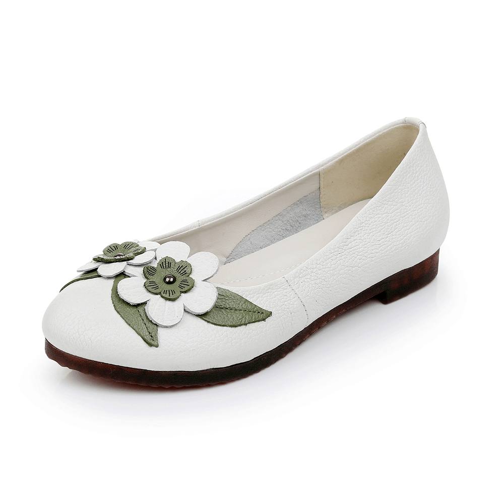 Women Flowers Decor Comfy Sole Soft Leather Loafers - MRSLM