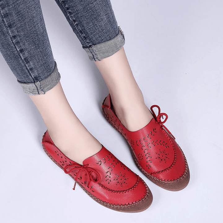 Women Genuine Leather plus Size Breathable Hollow Out Soft Sole Casual Flats Loafers - MRSLM