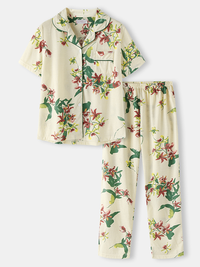Plus Size Women Plant Print Short Sleeve Top Elastic Waist Pants Home Casual Pajama Set - MRSLM