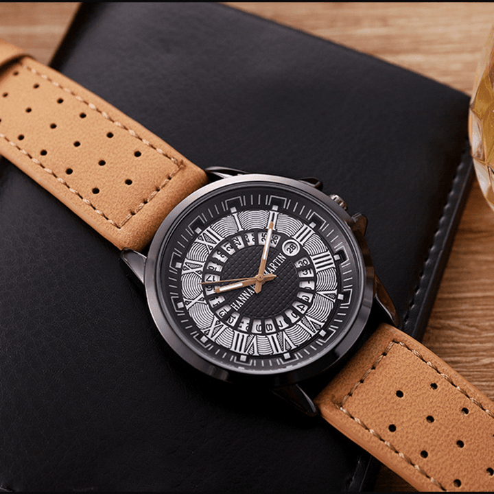 Fashion Casual Roman Numerals Creative Dial Date Display Leather Strap Men Quartz Watch - MRSLM