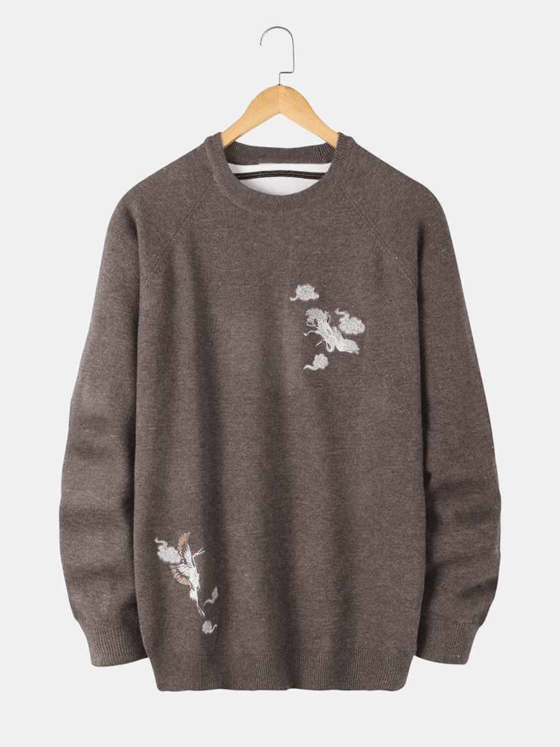 Mens Chinoiserie Crane Embroidery Raglan Sleeve Warm Knitted Sweaters - MRSLM