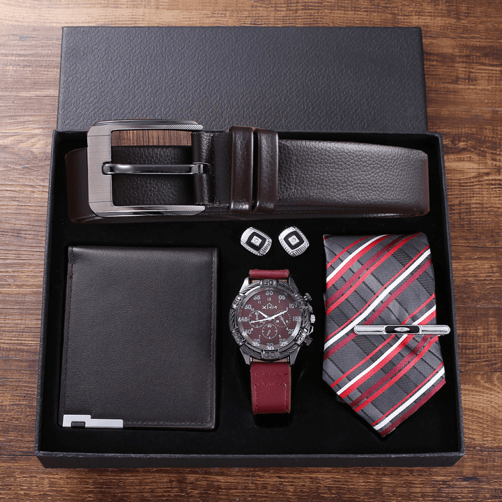 5 Pcs Men Business Watch Set Leather Quartz Watch Belt Wallet Cufflinks Tie Gift Kit - MRSLM