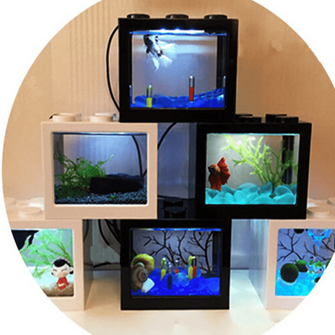 Mini USB LED Light Clear Fish Tank Mini Aquarium Box Bettas Office Desktop Decor - MRSLM