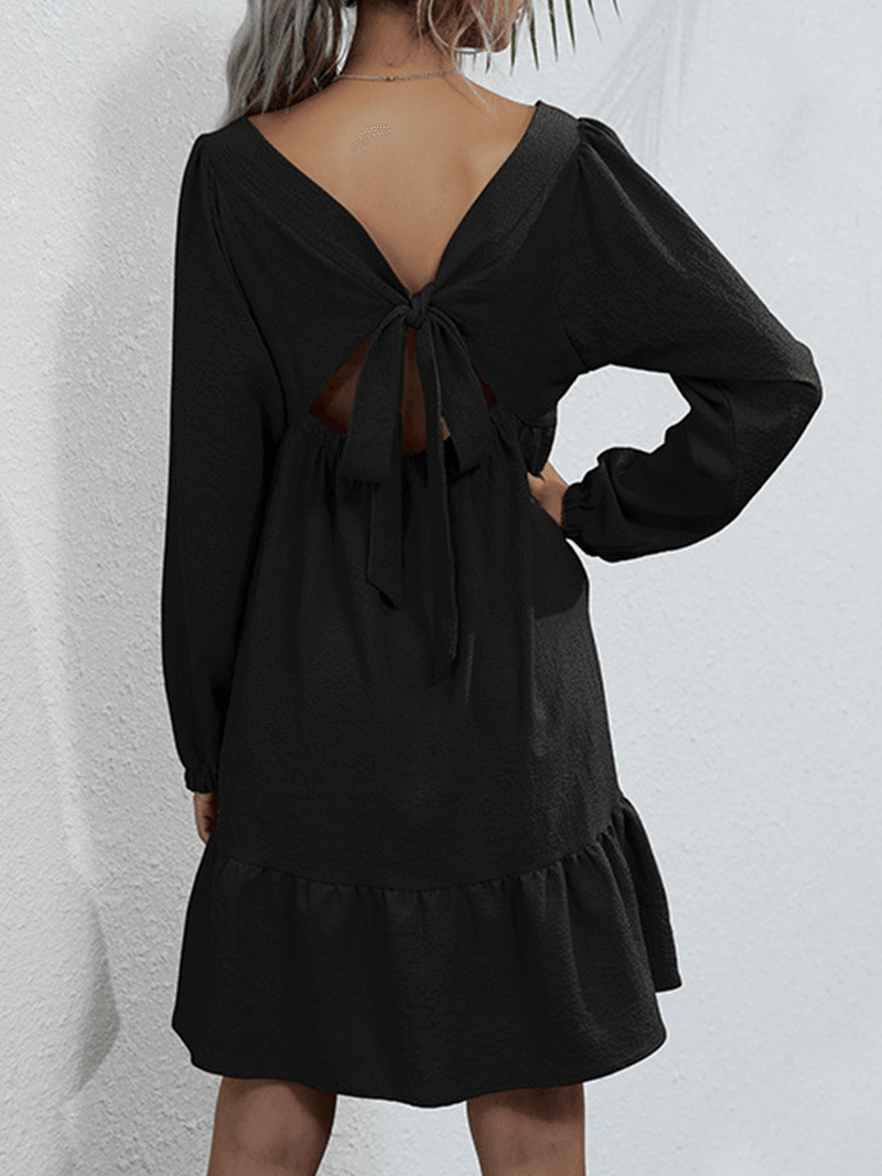 Women Brief Style Solid Color Bowknot Ruffle Long Sleeves Casual Dress - MRSLM